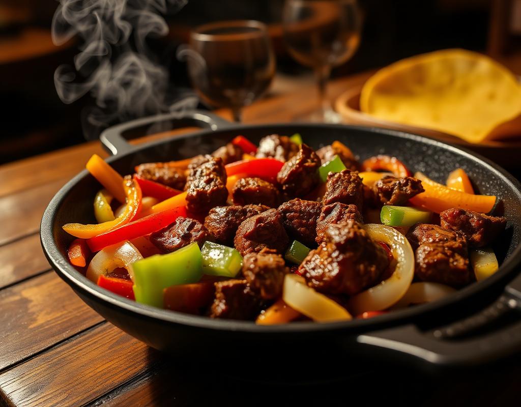 Sizzling Mexican fajitas skillet